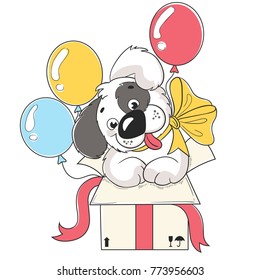 Cute puppy dog in box with baloons cartoon hand drawn vector illustration. Can be used for baby t-shirt print, fashion print design, kids wear, baby shower celebration greeting and invitation card.