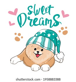 Cute puppy dog ​​spitz in a cap for sleeping and the inscription of sweet dreams. Vector illustration for t-shirt design, room decoration, birthday decorations