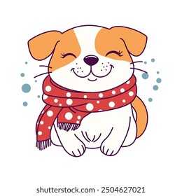 Cute Puppy Dog Cartoon Animal Wearing Scarf Under Snow with Happy Expression