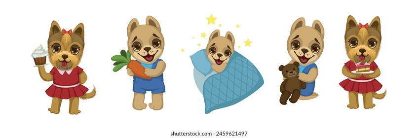 Cute Puppy Dog Character Engaged in Different Activity Vector Set