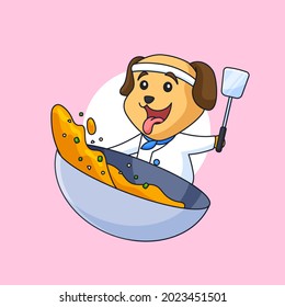 Cute puppy dog chef holding spatula cooking food vector illustration animal cartoon restaurant logo template design