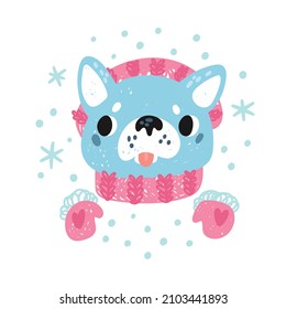 Cute puppy dog in hat, scarf and snowflakes. Portrait of little bulldog in winter clothes. Pet on a walk. Vector character illustration isolated on white. For kids cloth, print, card, poster