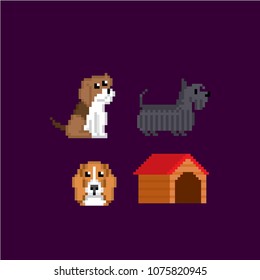 Cute puppy dog icon set. Pixel art. Old school computer graphic. 8 bit video game. Game assets 8-bit sprite.