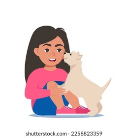 Cute puppy dog licking girl's face. Happy child hugging and petting a dog. Smiling kid sitting and embracing happy pet. Good friend. Vector illustration