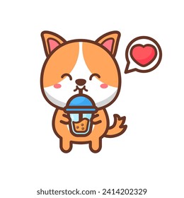 Cute puppy dog loves drink bubble tea cartoon illustration