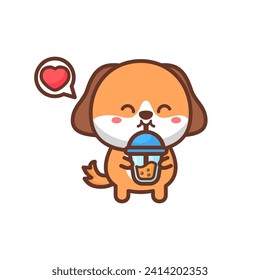 Cute puppy dog loves drink bubble tea cartoon illustration