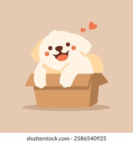 Cute сartoon puppy dog mascot in a box. Happy adorable dog icon. Pets care, love and loyalty concept. Vector illustration isolated on white. 