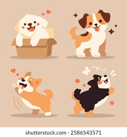 Cute сartoon puppy dog mascot collection. Happy and playful adorable dogs set. Pets care, love and loyalty concept. Vector illustration isolated on white.