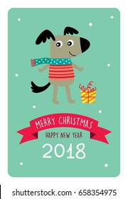 cute puppy dog merry christmas and happy new year 2018 greeting