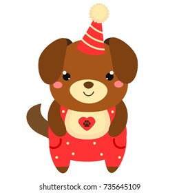 Cute puppy dog in party hat. Cartoon kawaii animal character. Vector illustration for kids and babies fashion.