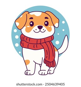 Cute Puppy Dog Pet Animal Wearing Scarf in Snow Winter Season with Happy Expression