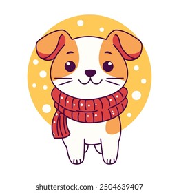 Cute Puppy Dog Pet Animal Wearing Scarf in Snow Winter Season with Happy Expression