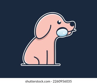 Cute Puppy Dog Pet Canine Pup Bite Magnifying Glass Loupe Simple Cartoon Mascot Illustration Vector