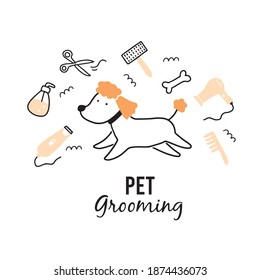 Cute puppy dog pet grooming. Cartoon dog character illustration for animal hair grooming salon logo, banner design. Pet care concept.