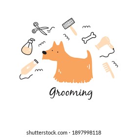 Cute puppy dog pet grooming. Cartoon dog character illustration for animal hair grooming salon logo, banner design. Pet care concept.