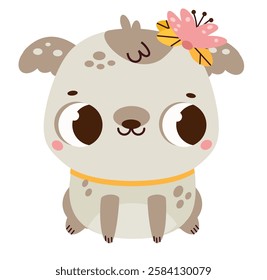 Cute puppy dog with pink flower. Cartoon animal character for kids and children clip art