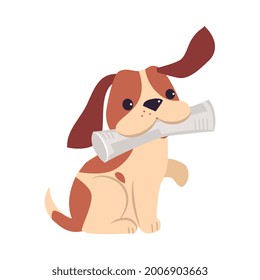 Perro de cachorro lindo jugando con animal de mascota hueso y adorable con vectores de caricatura de abrigo blanco y marrón Ilustración