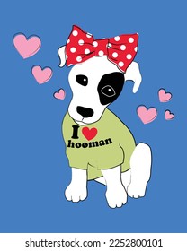 Cute puppy dog with polka dot ribbon on head and wearing i love human shirt