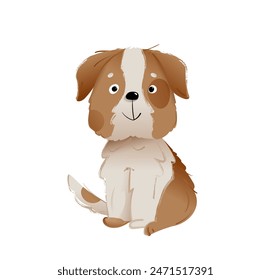 Netter Welpe, der sitzt, reinrassiger flauschiger Hund. Lustiges kleines Hündchen, bester Freund Charakter Grafikdesign, Kinder Illustration. Haustier Vektorgrafik Clipart Cartoon für Kinder.