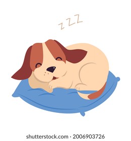 Perro de cachorro suave durmiendo en almohada, animal de mascota adorable con vectores de caricatura blancos y marrones Ilustración