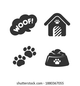 Cute puppy or dog themed icons set of 4. Woof! speech bubble, dog house, paw prints, food bowl. Simple flat silhouette vector illustration design.