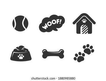 Cute puppy or dog themed icons set of 6. Woof! speech bubble, dog house, paw prints, food bowl, tennis ball, dog bone. Simple flat silhouette vector illustration design.