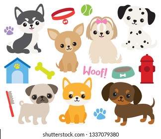 Cute Puppy Dog Vector Illustration Set Including Siberian Husky, Chihuahua, Yorkshire Terrier, Pug, Shiba, Dachshund, Dalmatian, Maltese.