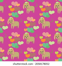 Cute puppy dog vector repeat pattern with hearts in multicolor on a bright bright backdrop