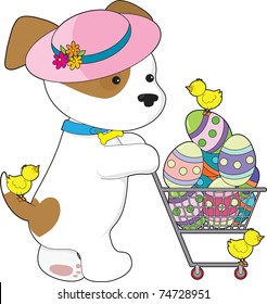 A cute puppy dog wearing a Spring hat is shopping for Easter eggs - there are little chicks with her