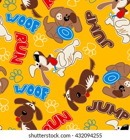Cute puppy dogs in a seamless pattern .