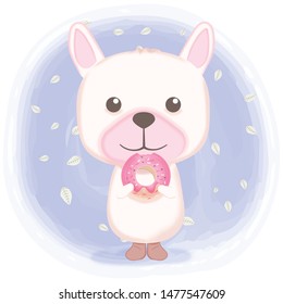 Cute puppy with donut cartoon watercolor illustration background