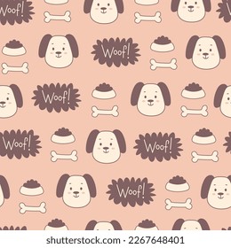 Cute puppy doodle seamless pattern  Simple dog background and bone  feed  woof inscription  Repeat vector illustration and beige neutral colors
