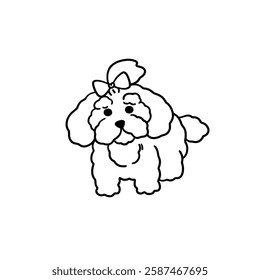 Cute puppy doodle. Vector dog illustration. Shaggy dog with a bow doodle.