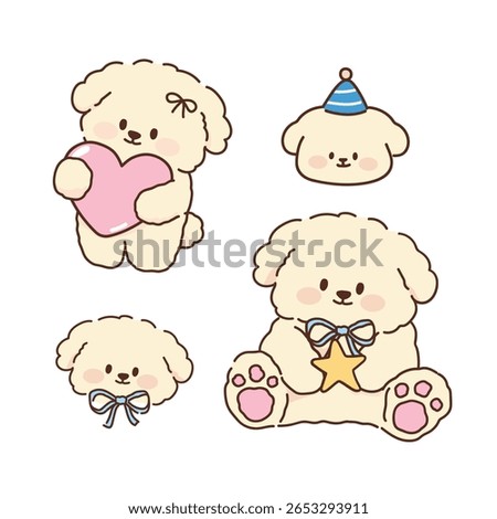 Cute puppy doodle vector set. Hand drawn Cartoon kawaii style. Pastel soft colors vector illustration.
