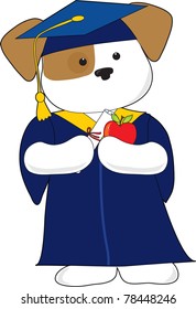 A cute puppy is dressed in a cap and gown for graduation. Holding a diploma and an apple