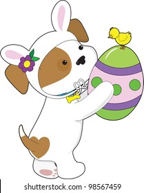 A cute puppy dressed in an Easter bunny suit, is holding a painted egg with a chick sitting on top.