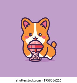 cute puppy drink boba cartoon vector illustration