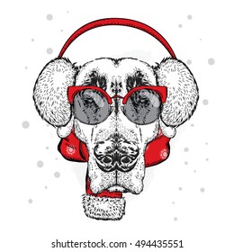 Cute puppy in earmuffs and a scarf. Vector illustration for a card or poster. Print on clothes. Beautiful dog. New Year's and Christmas. Winter. Warm clothes.