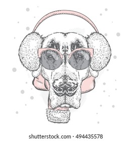 Cute puppy in earmuffs and a scarf. Vector illustration for a card or poster. Print on clothes. Beautiful dog. New Year's and Christmas. Winter. Warm clothes.
