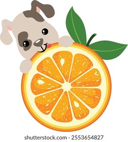 Cute puppy eating orange slice