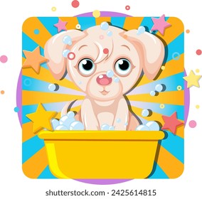 Cute puppy enjoying a bubbly bath with stars