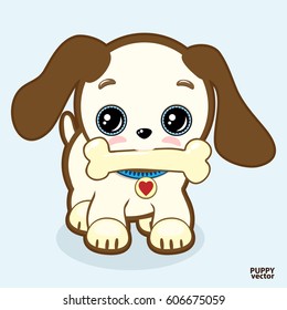 Cute puppy with expressive eyes and big ears holds a bone in his mouth. Little dog icon. Vector vet or pet shop symbol; 2018 year. Simple cartoon illustration.