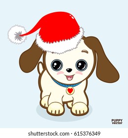 Cute puppy with expressive eyes and big ears put on the head of Christmas cap. Little dog icon. Vector vet or pet shop symbol; 2018 year. Simple cartoon illustration.