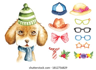 Cachorro lindo con accesorios de moda en ilustraciones vectoriales de color de agua editable 