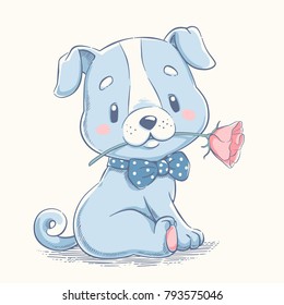 Cute cachorro con una flor dibujada a mano ilustración vectorial. Se puede usar para imprimir en pantalones, los niños usan diseño de moda, tarjeta de invitación para ducha de bebé.