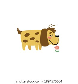 Cute puppy and flower. Happy dog in summer. Funny pet, little animal, cartoon character. Hand drawn vector illustration for kids, isolated on white background. Flat design