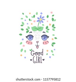 A cute puppy with a flower ontop of her head smiling and showing toungue. Good girl vector hand drawn illustration. Print, invitation, baby shower, avatar, postcard, poster, greeting design.
