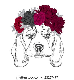 Cute Puppy in Flower wreath . Vector illustration. 

