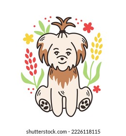 Cute puppy with flowers. Funny hand drawn summer, spring smiling dog sitting in blooming nature doodle flat vector illustration for kids, print, greeting, pet shop