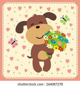 Cute puppy with flowers. Greeting card. 